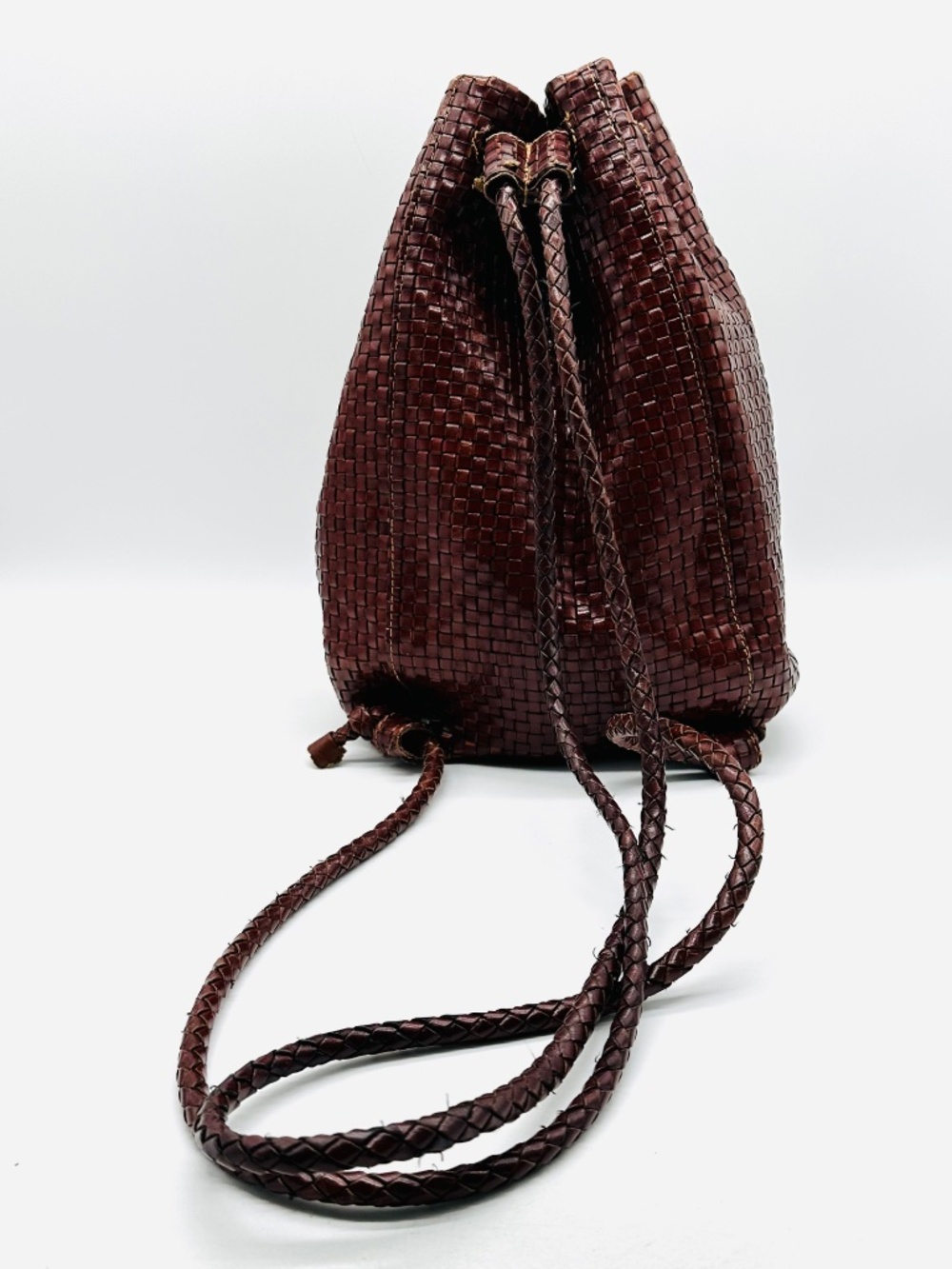 VTG DESMO Italy Woven Leather Backpack Brown Intrecciato Bucket Bag Boho - Picture 3 of 15